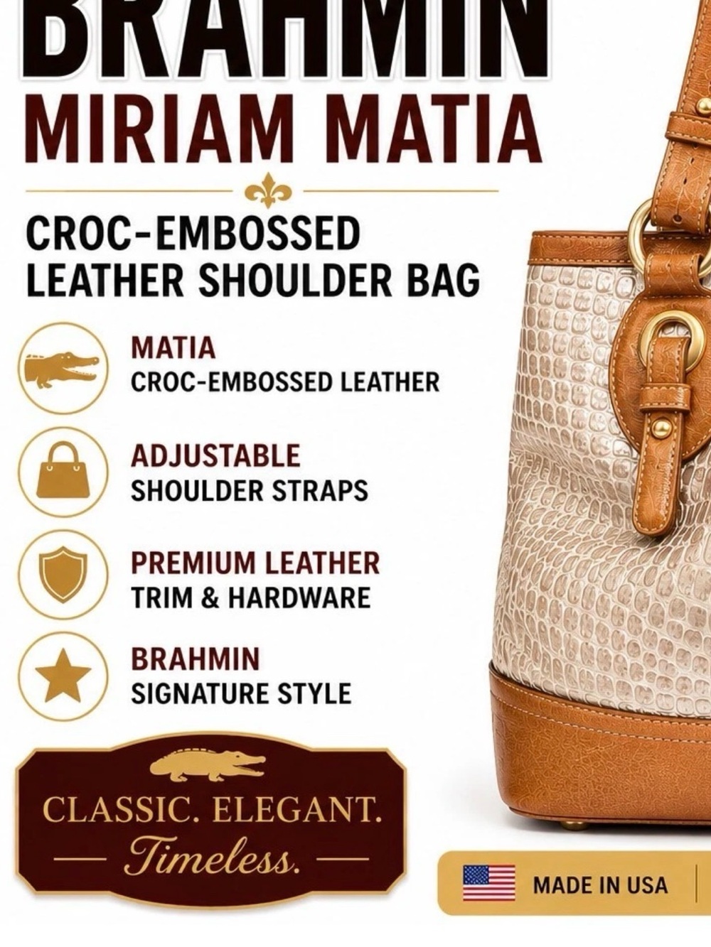 Brahmin Taupe Croc-Embossed Leather Tote Bag with Tan Trim - Picture 2 of 9